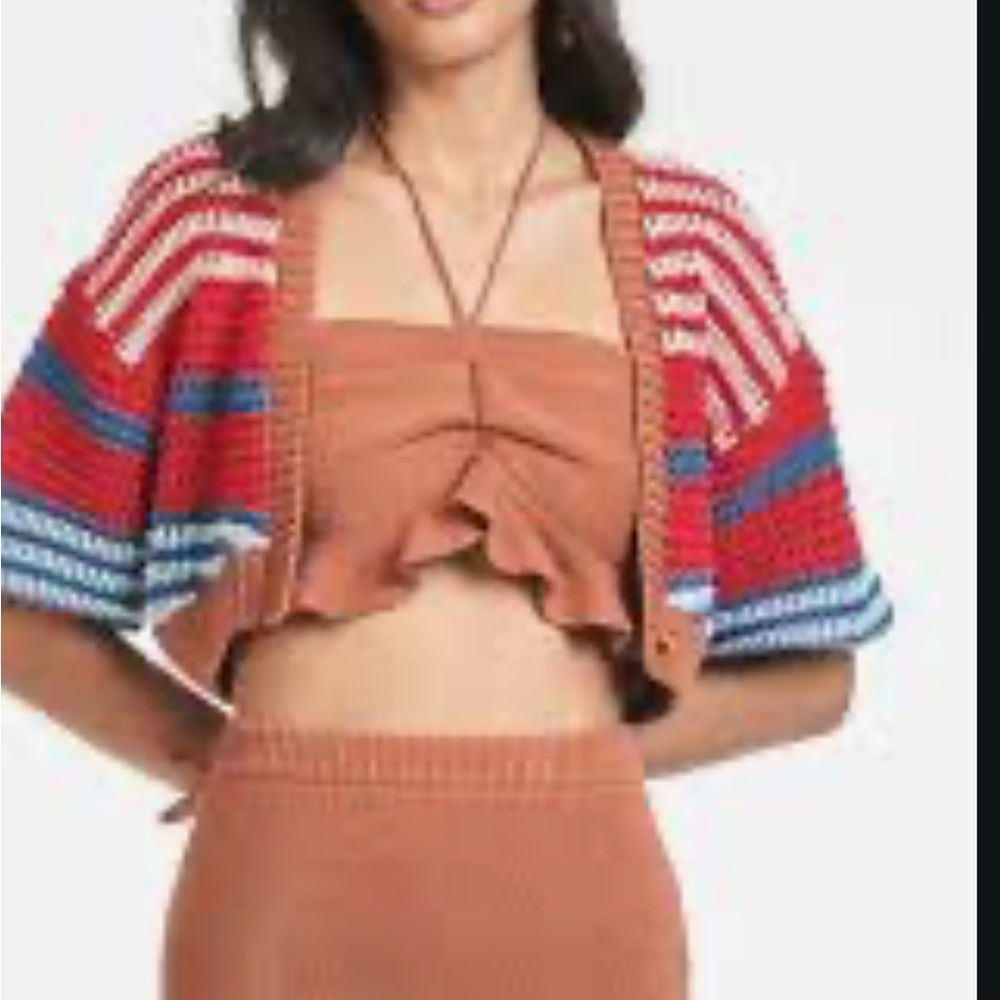 Both pieces! Sachin + Babi Red and Blue Striped Shrug and knit bandeau.